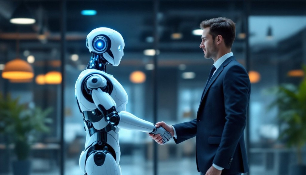 Poignée de main entre un professionnel et un robot humanoïde, cadre entreprise