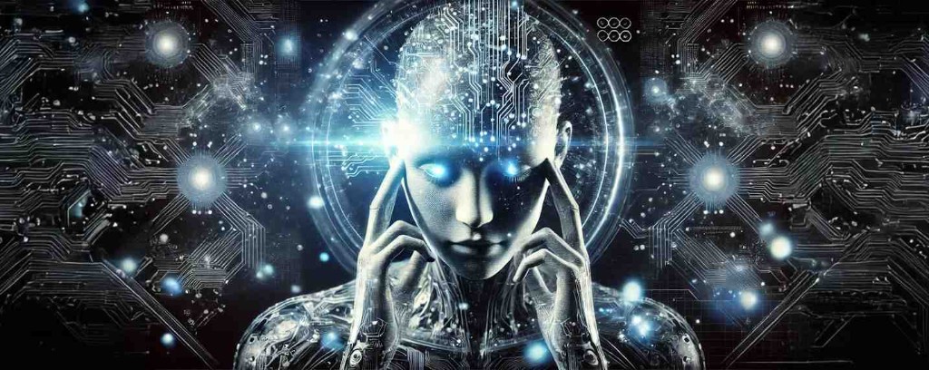 Figure humanoïde aux circuits bleus lumineux, mains aux tempes, halo numérique, fond technique panoramique