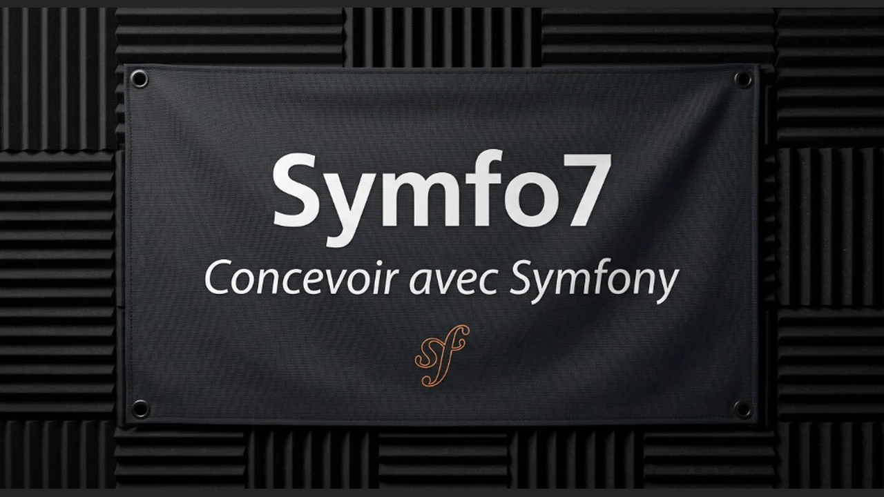 Bannière Symfo7, Concevoir avec Symfony, sur fond de panneaux noirs