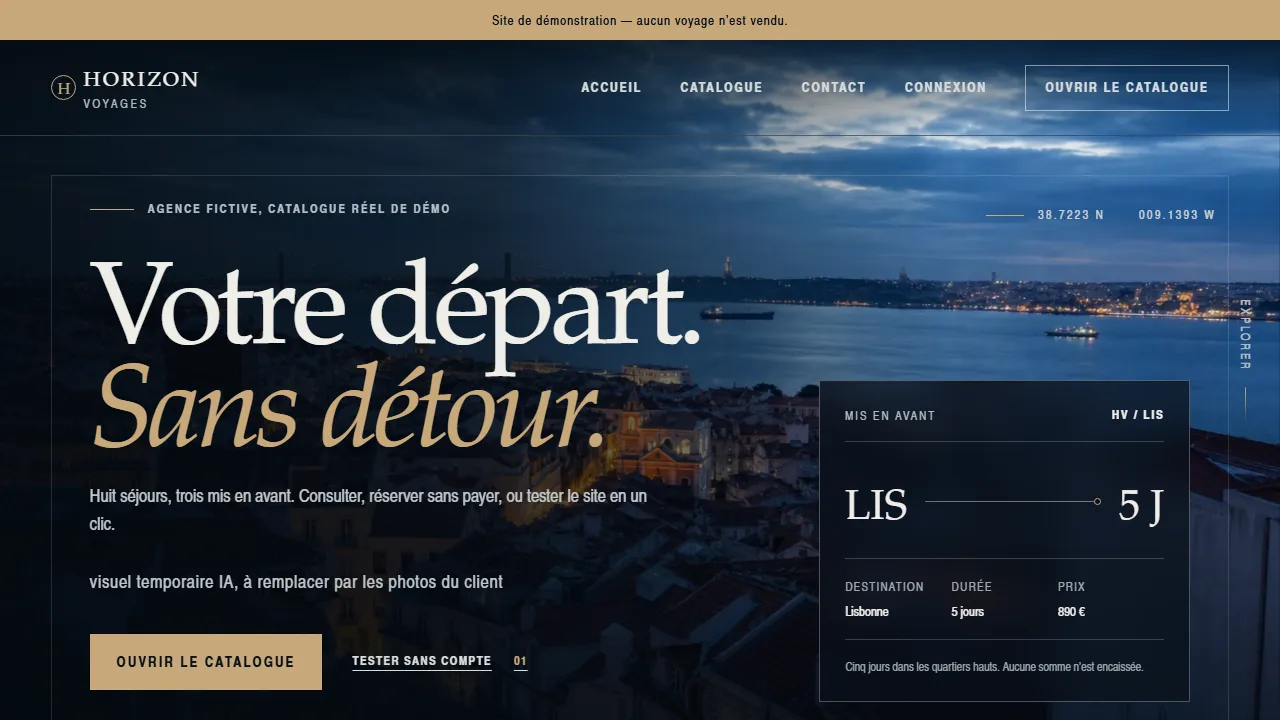 Accueil du site test Horizon Voyages, agence fictive, bandeau rien n’est vendu